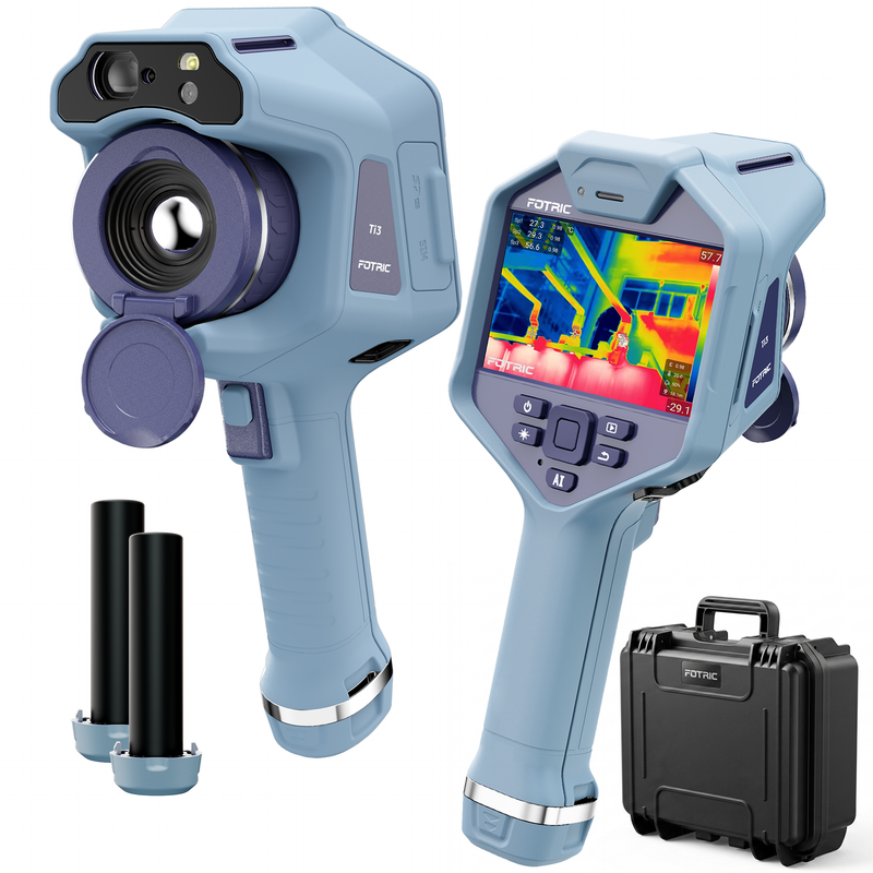 FOTRIC Ti3 thermal imaging camera showing a colorful thermal scan display with various temperature readings