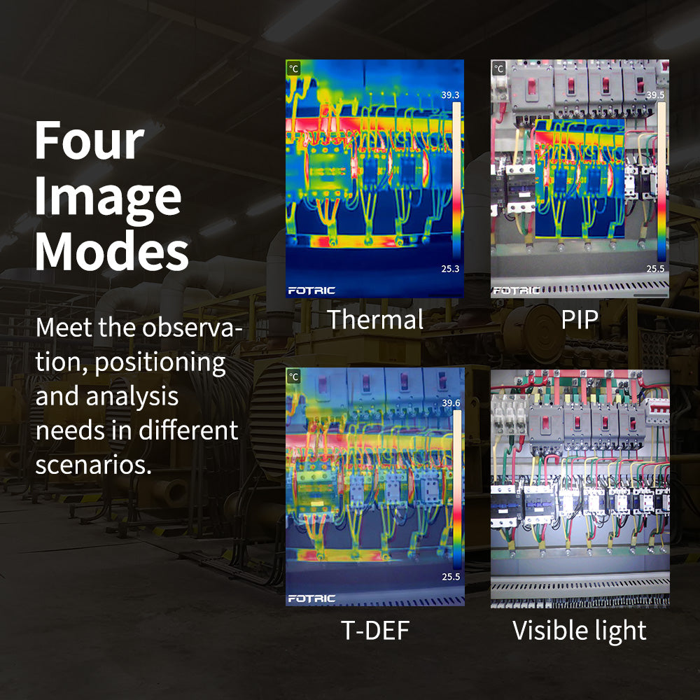 Fotric Therm5 thermal imaging camera with hand-held design and LCD display showing thermal image output.