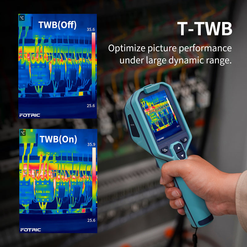 Fotric Therm5 thermal imaging camera displaying heat signatures on a digital screen in a professional setting.