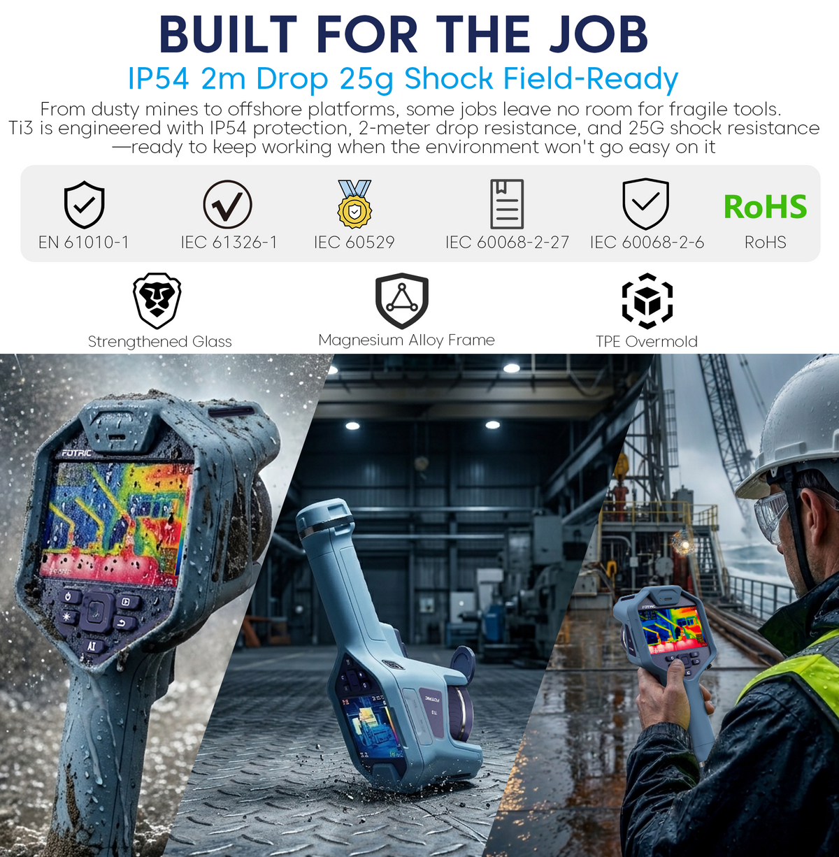 FOTRIC Ti3 thermal imaging camera with handheld design, displaying thermal heat map on digital screen.