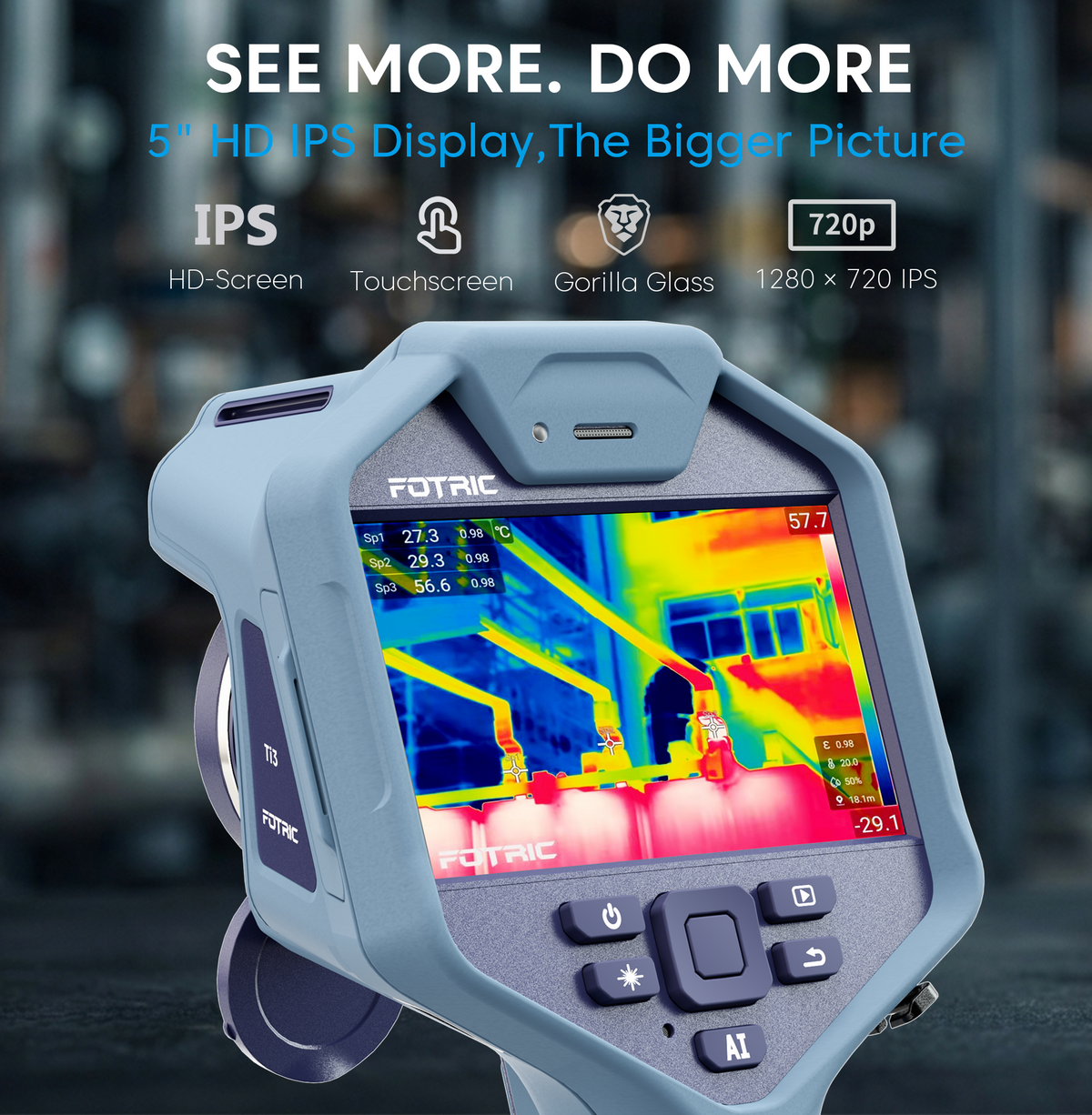 FOTRIC Ti3 thermal imaging camera with handheld design and color display for industrial temperature measurement and inspection.