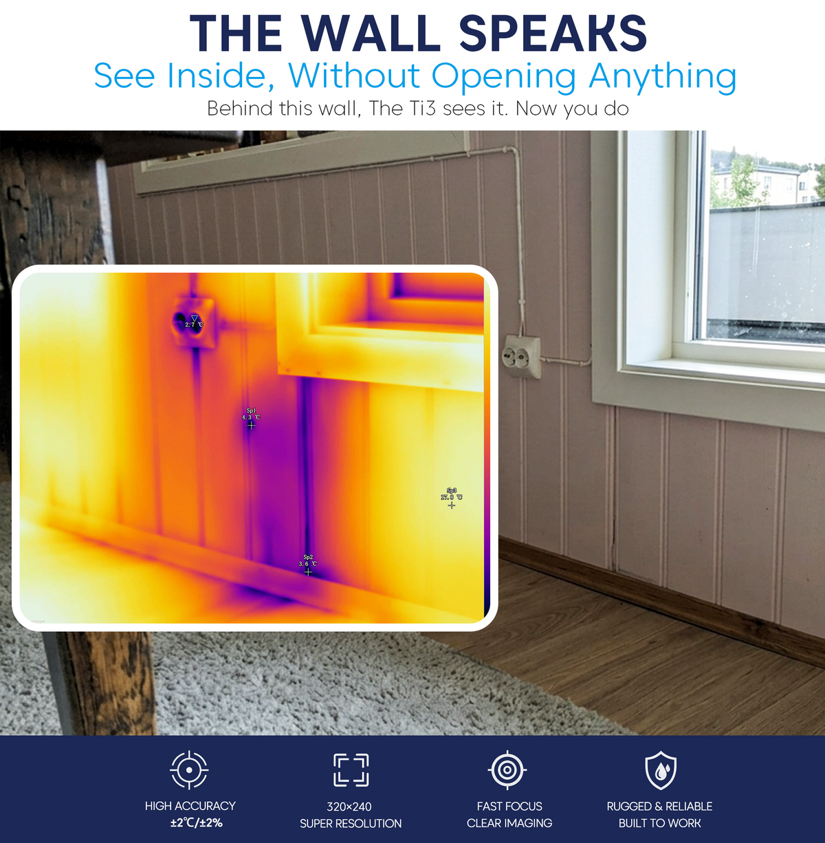 FOTRIC Ti3 thermal imaging camera showing a colorful heat map display in a close-up shot.