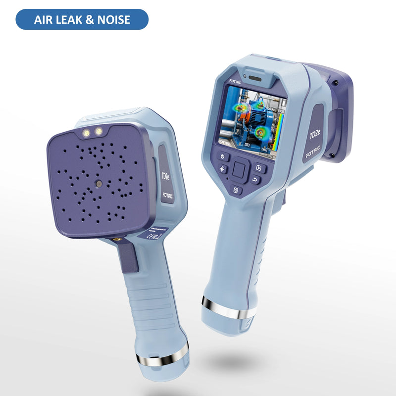 FOTRIC TD2e Acoustic Imager Camera showing front view with control panel and acoustic sensor array in a professional setting.