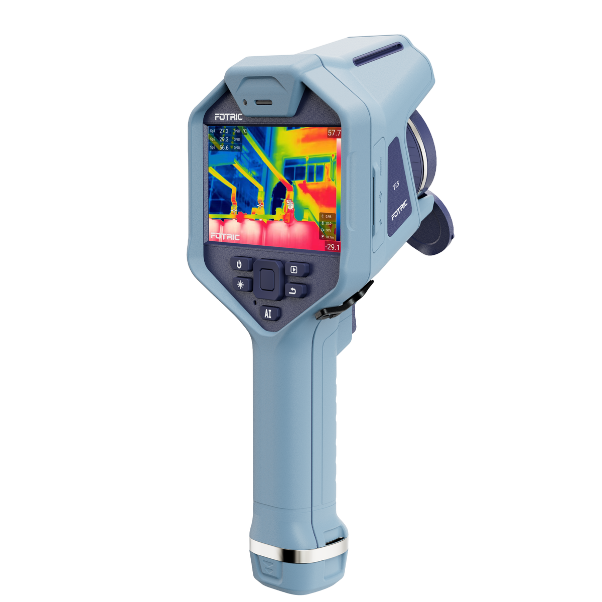 FOTRIC Ti3 thermal imaging camera showing a color thermal scan display with various temperature zones and details.