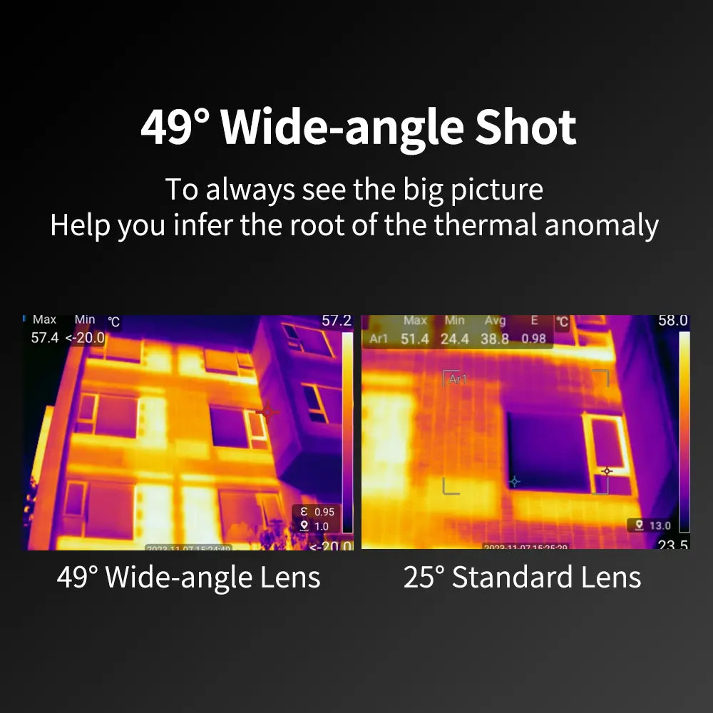 Fotric TK7 thermal imaging camera showing a colorful thermal heat map on its display screen.
