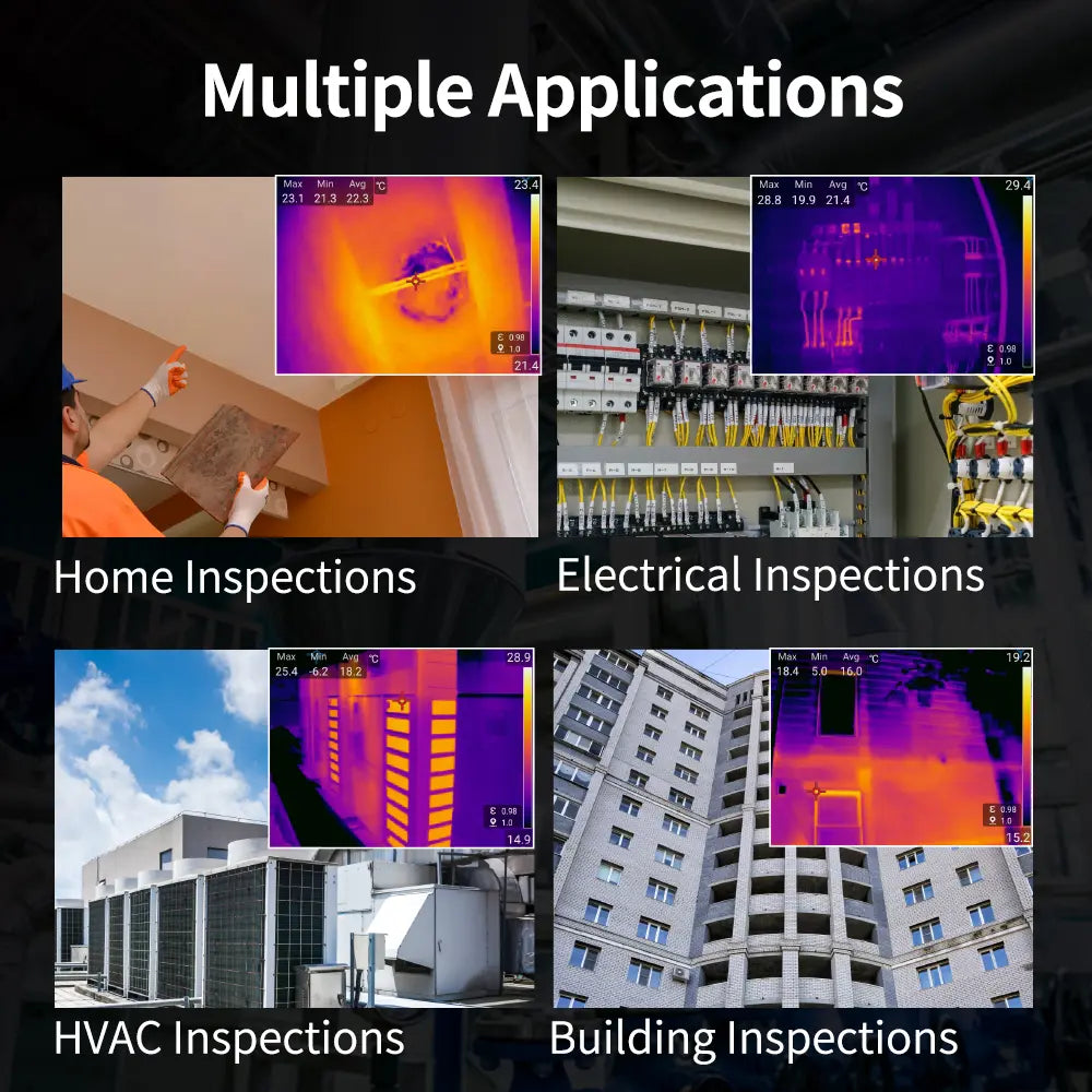 Fotric TK7 thermal imaging camera showing a heat map display with various temperature readings and color gradients.